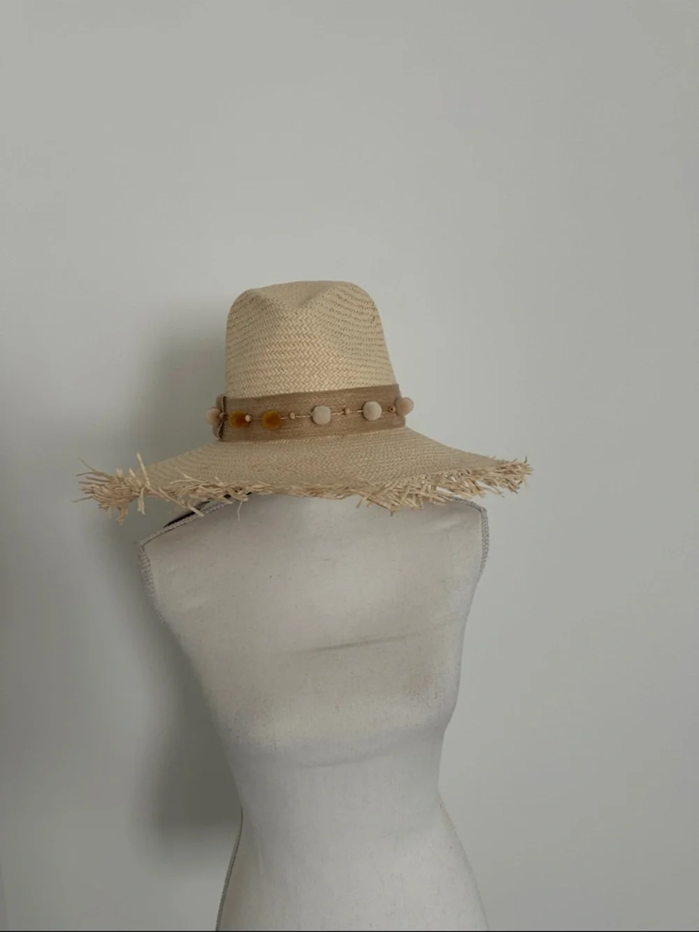 Fringed Straw Sun Hat with Bead & Tassel Accent - Natural - Includes Bracelet